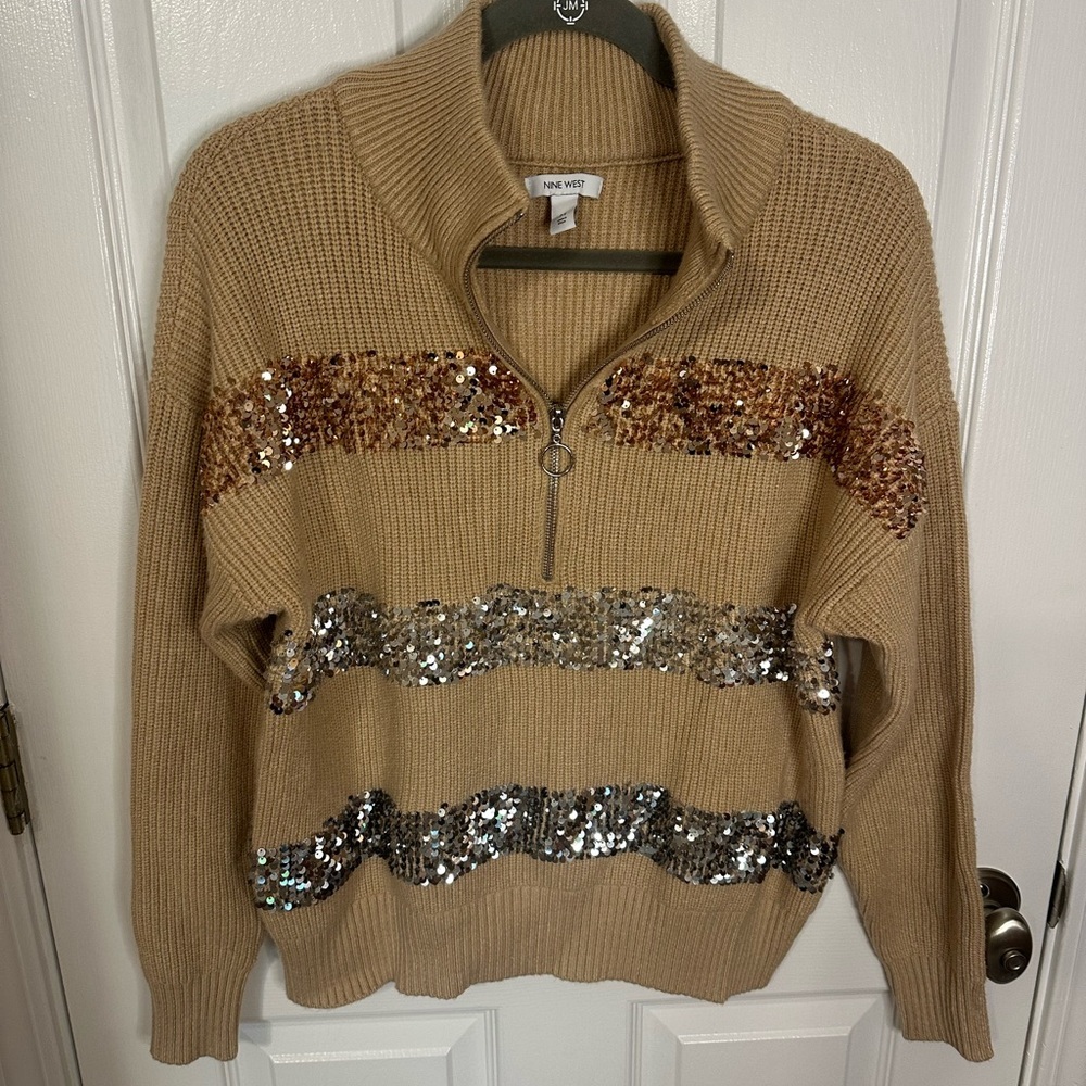 Nine West Sequin Embellished Retro Eclectic Grandpa Cozy Chunky Beige Sweater